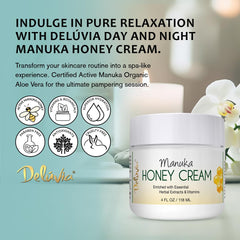 Deluvia Manuka Honey Cream jar closeup showing creamy texture.