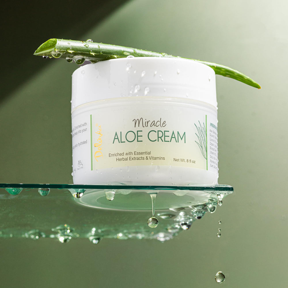 DELÚVIA Miracle Aloe Cream 8 oz jar with organic aloe illustration.