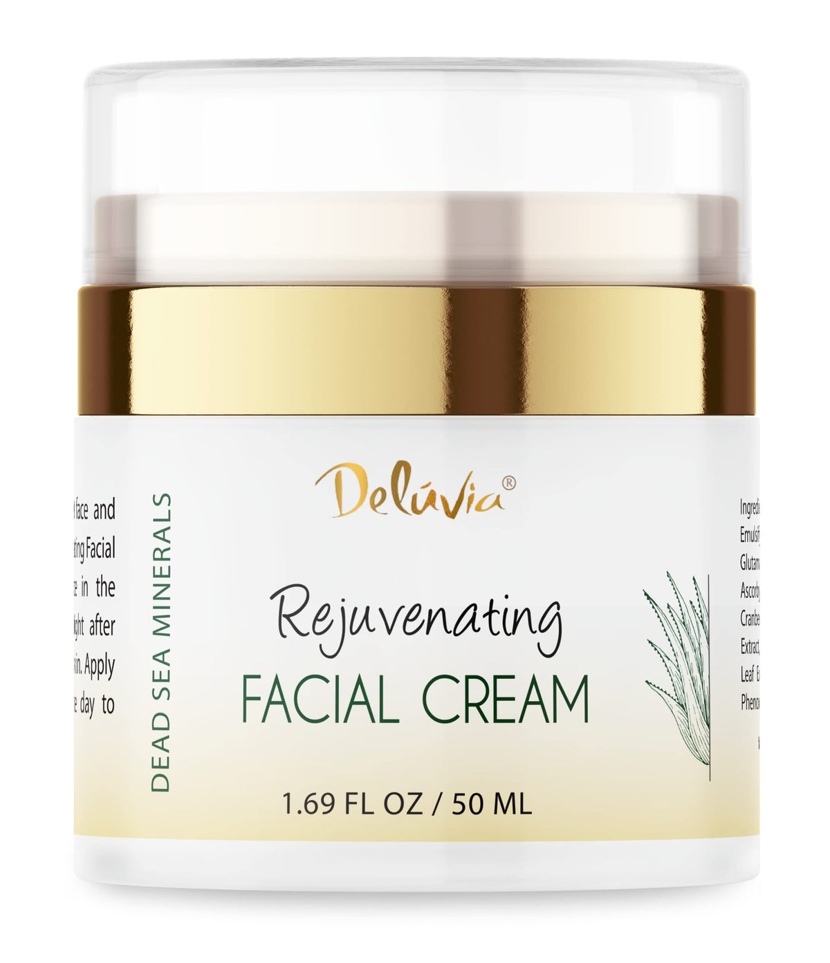 Delúvia Rejuvenating Facial Cream bottle highlights premium packaging for daily hydration