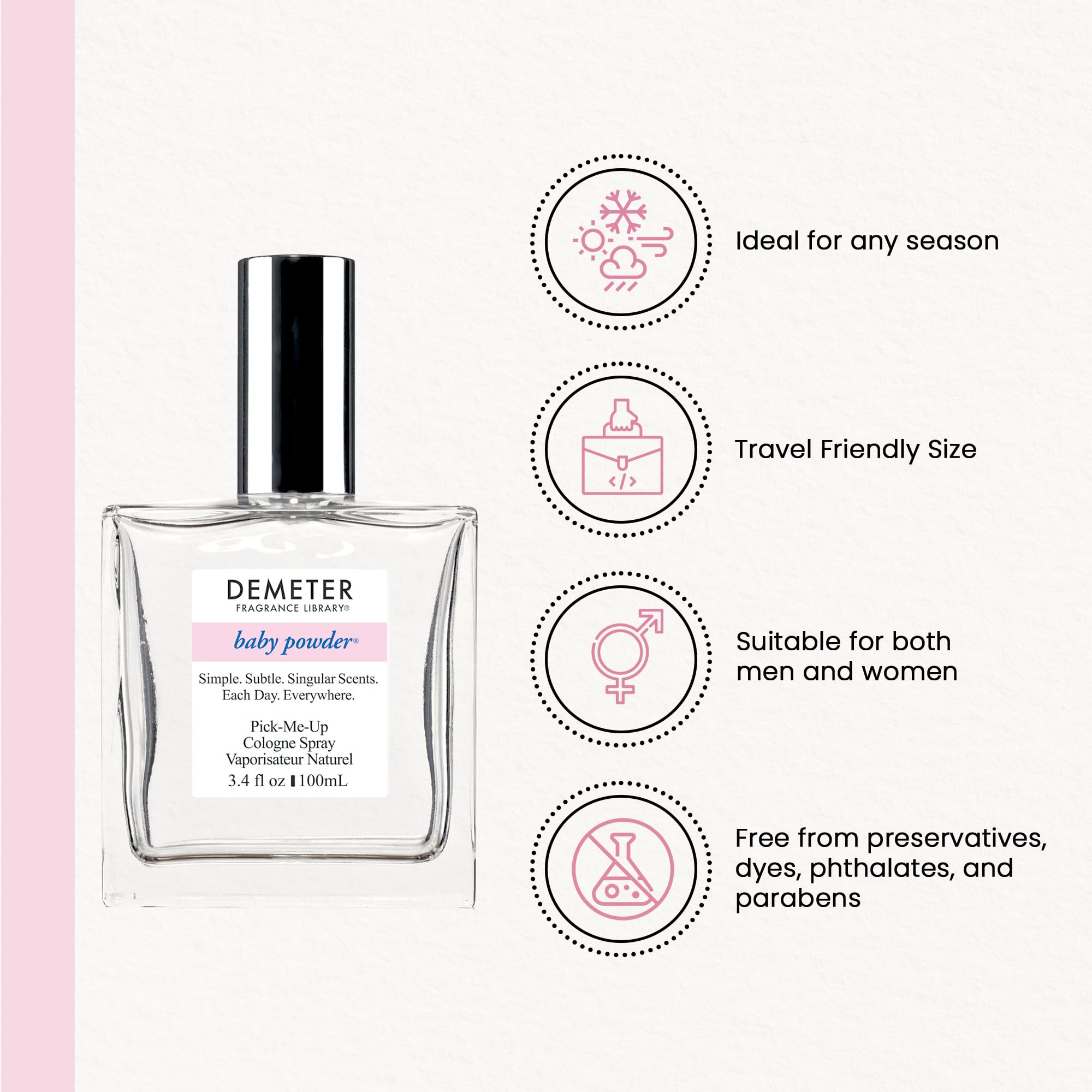 Demeter Baby Powder Cologne Spray diffusion close-up highlights light, powdery notes.