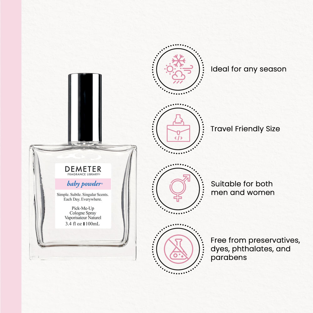 Demeter Baby Powder Cologne Spray diffusion close-up highlights light, powdery notes.