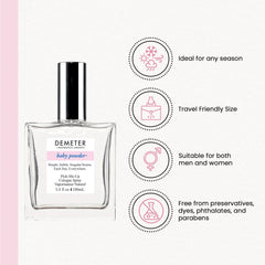 Demeter Baby Powder Cologne Spray diffusion close-up highlights light, powdery notes.