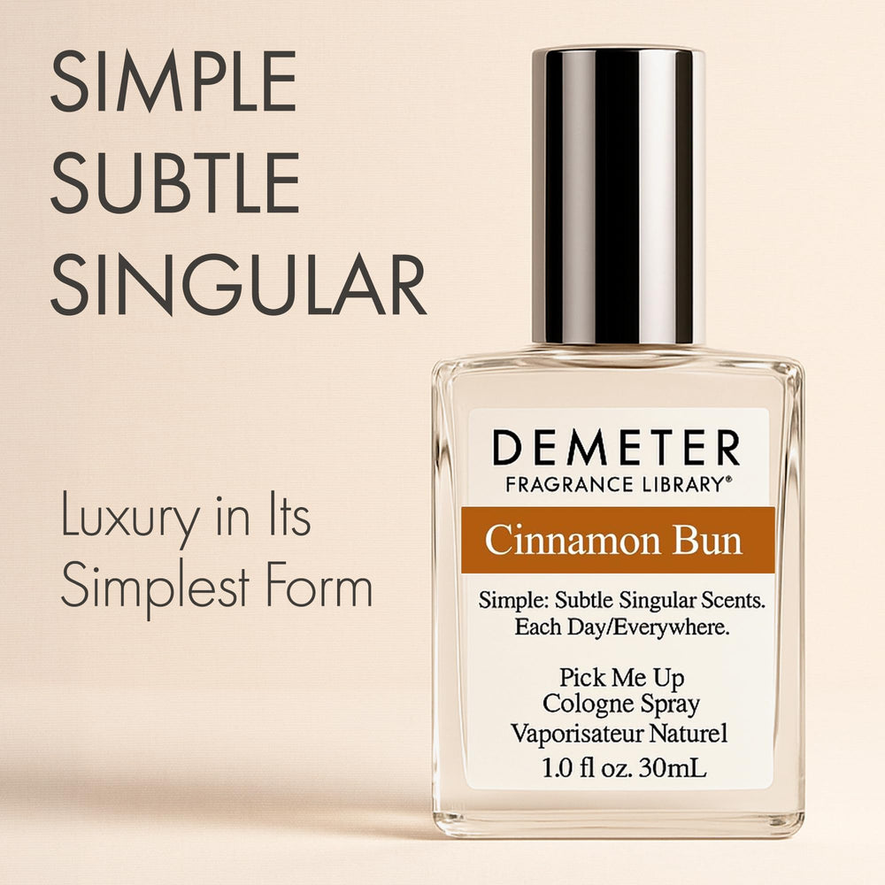Demeter Cinnamon Bun 1oz bottle side angle showing compact design.