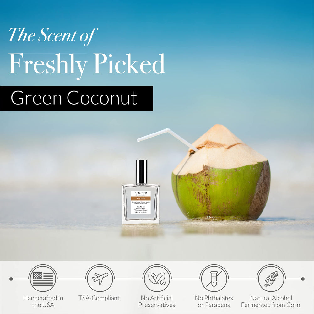 DEMETER Coconut Fragrance Library label close-up reveals clean formulation.