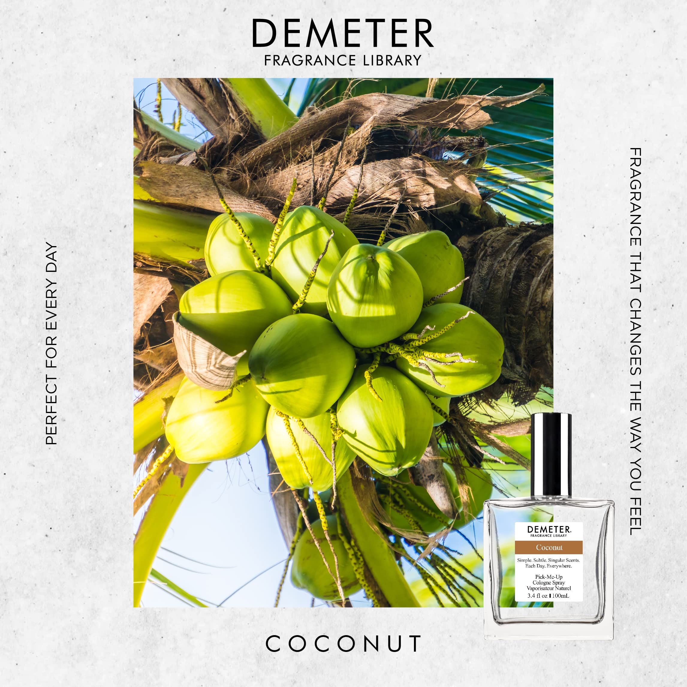 DEMETER Coconut Fragrance Library packaging highlights clean ingredients.