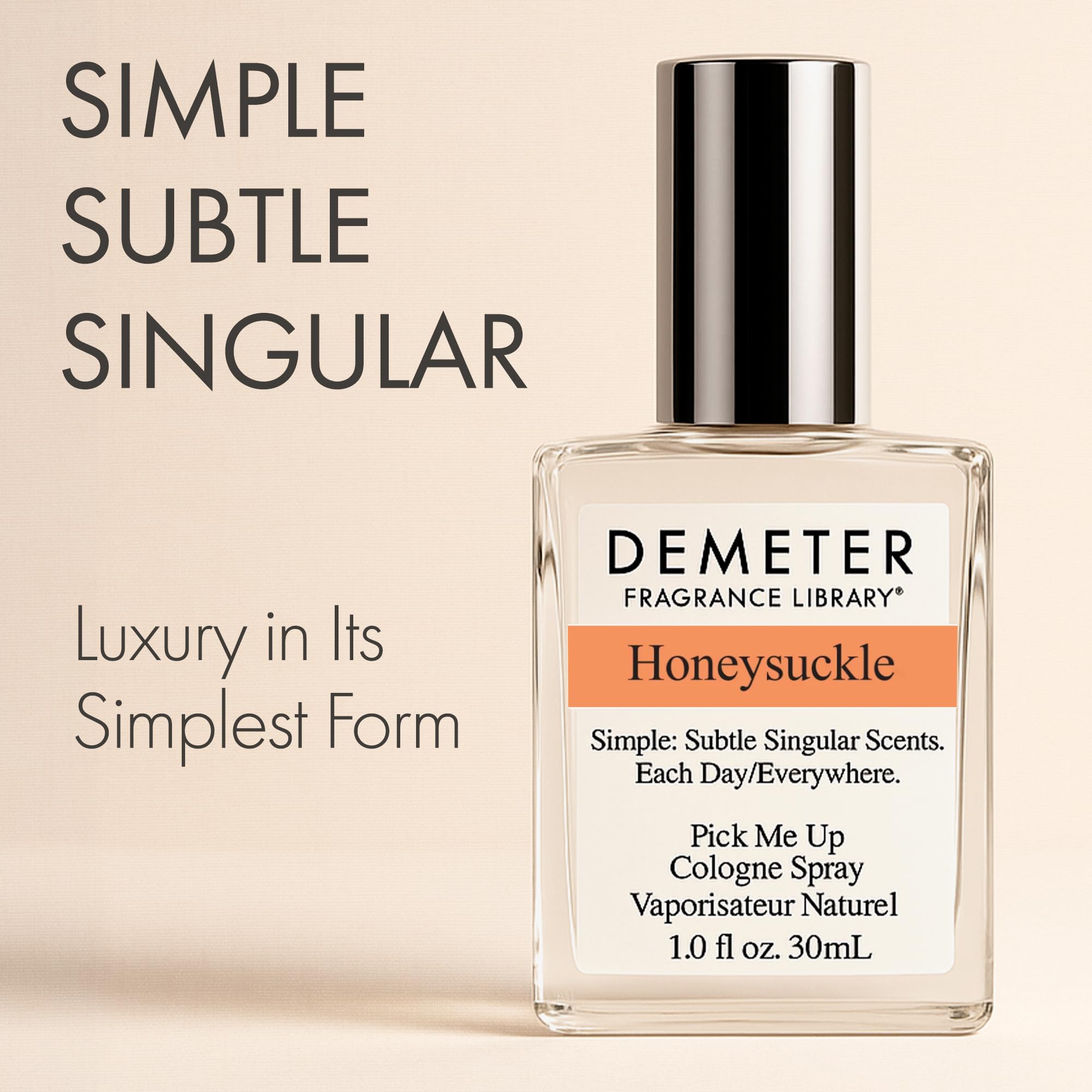 DEMETER Honeysuckle bottle closeup, natural perfume for everyday use.