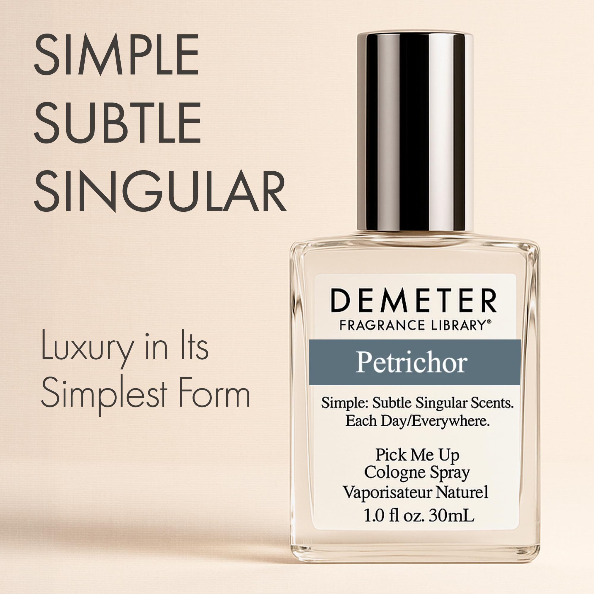 Demeter Petrichor bottle cap close-up highlighting clean fragrance ingredients
