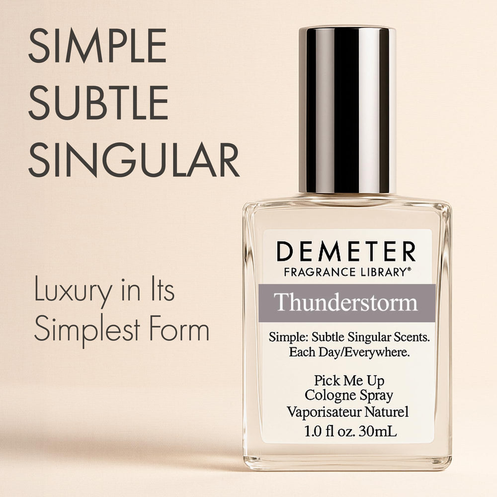 DEMETER Thunderstorm bottle side view highlighting the compact unisex design