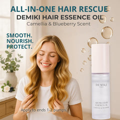 DEMIKI Hair Oil being applied to hair ends for smoothness.