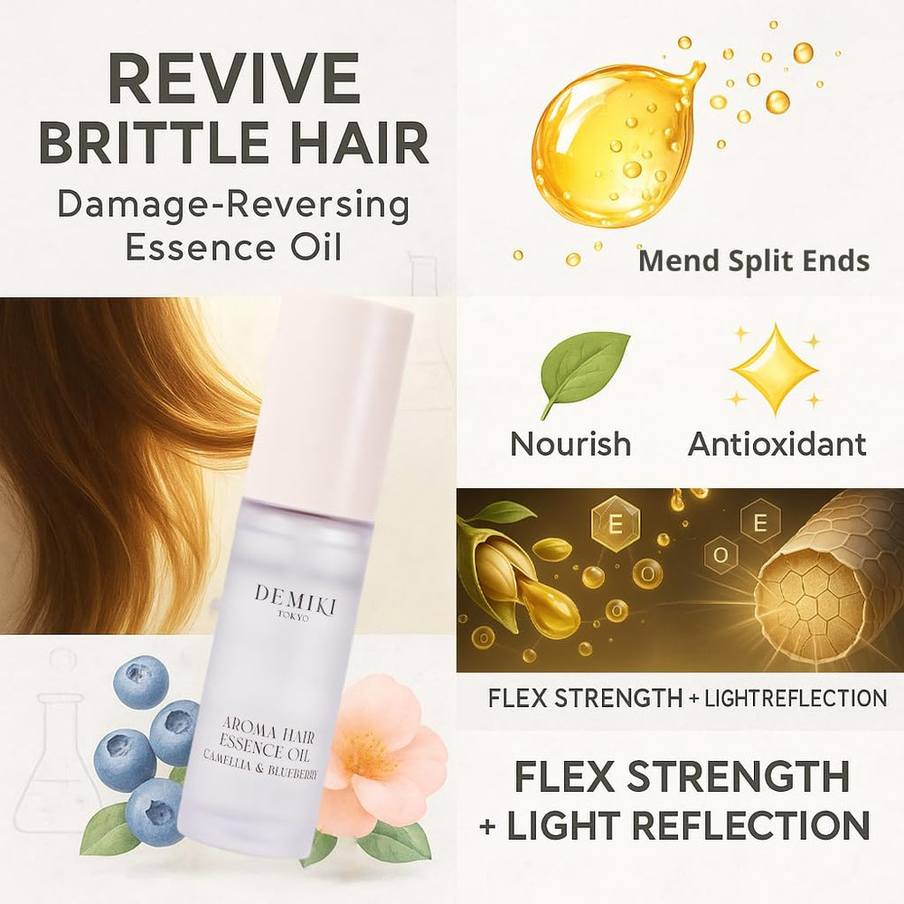 DEMIKI Hair Oil shine shot on glossy, healthy-looking strands.