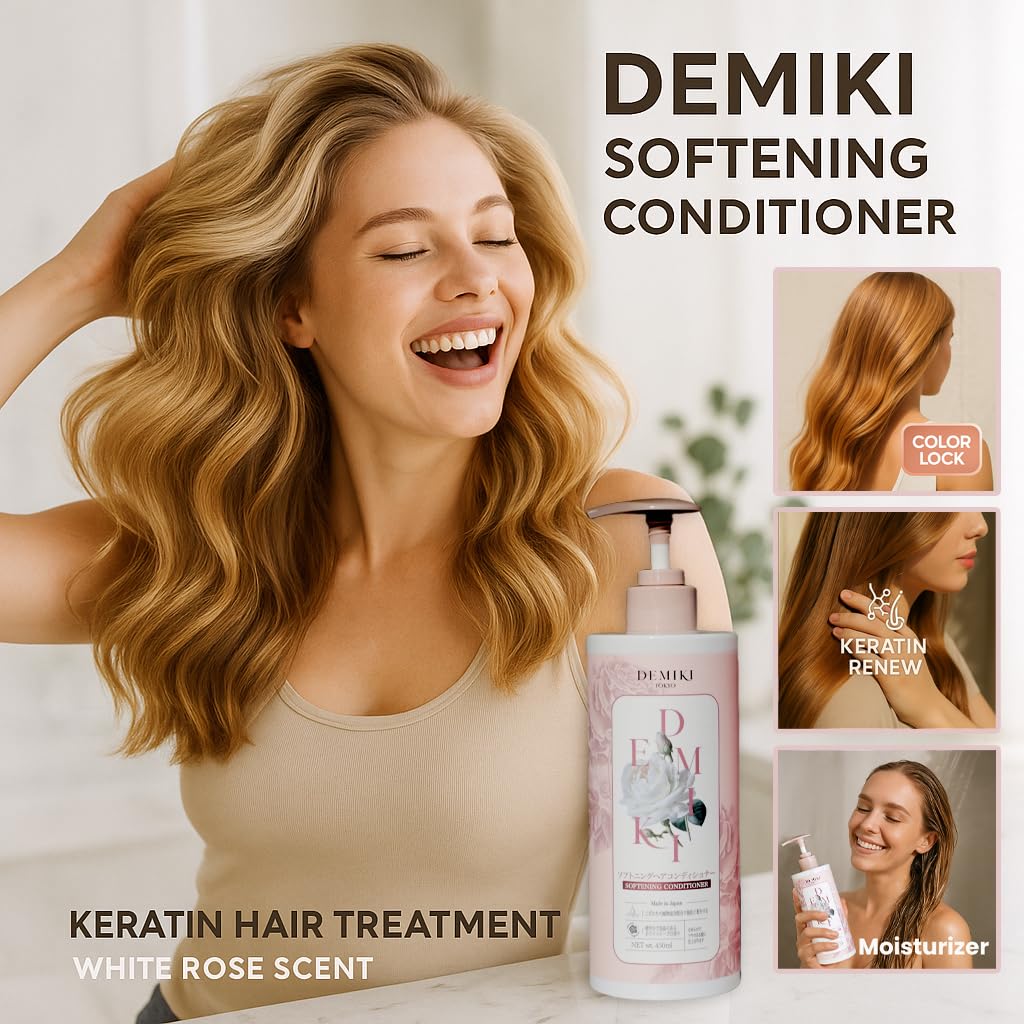 DEMIKI Japanese Conditioner shower scene emphasizes color-safe formula