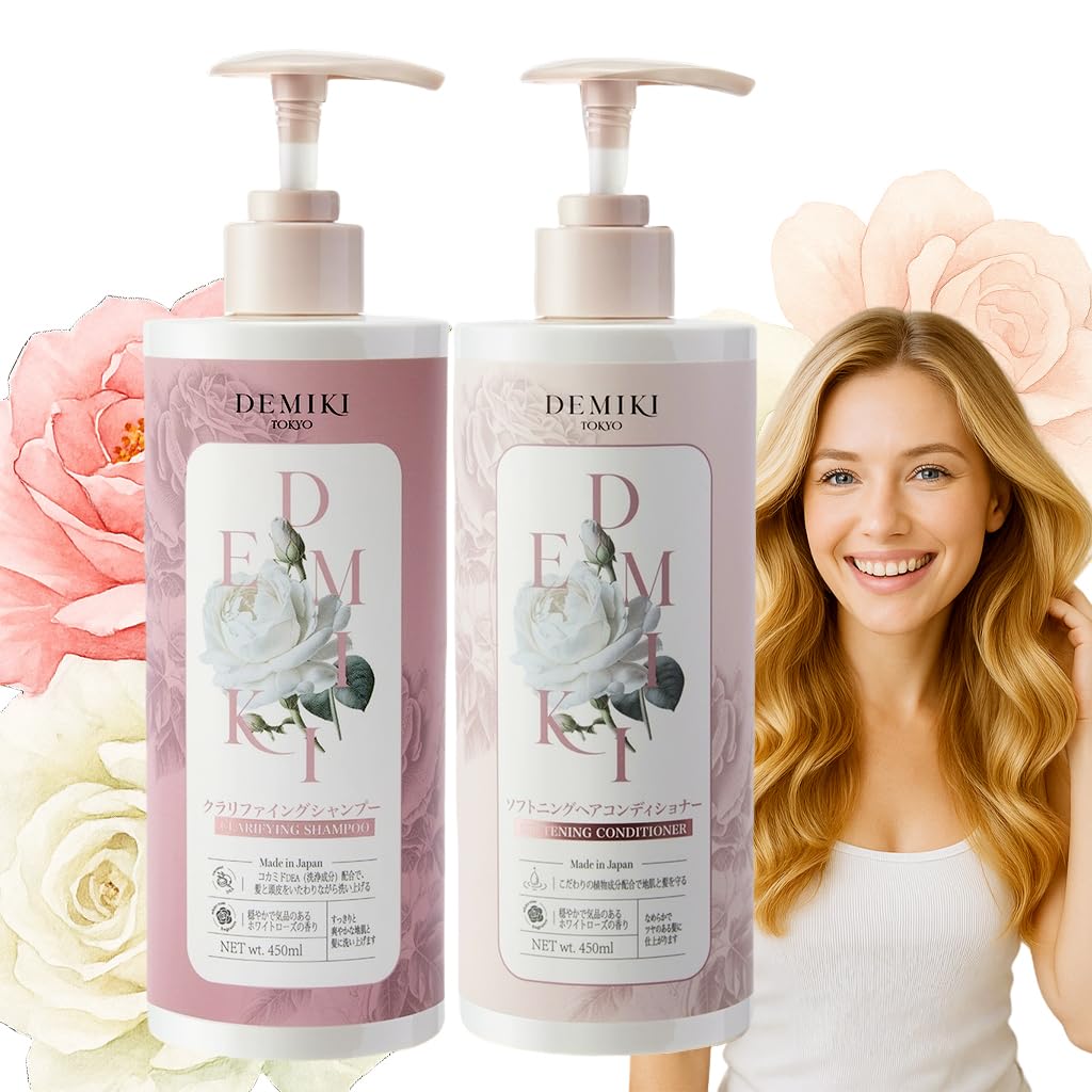 DEMIKI Japanese shampoo and conditioner set bottle shows a sulfate-free solution for oily hair.