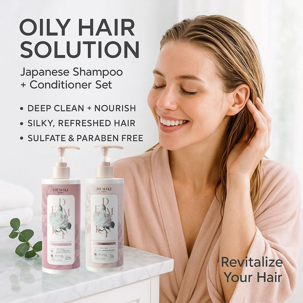 DEMIKI Japanese set label highlights clarifying benefits for oily scalps and color-treated hair.