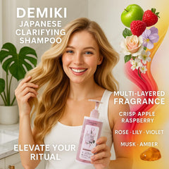 DEMIKI clarifying bottle demonstrates thorough cleansing ideal for oily hair routines.