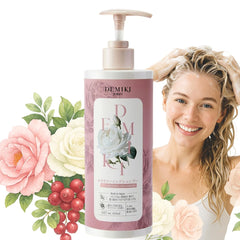 DEMIKI rose-fragrance shampoo bottle highlighting a layered scent for a daily ritual.