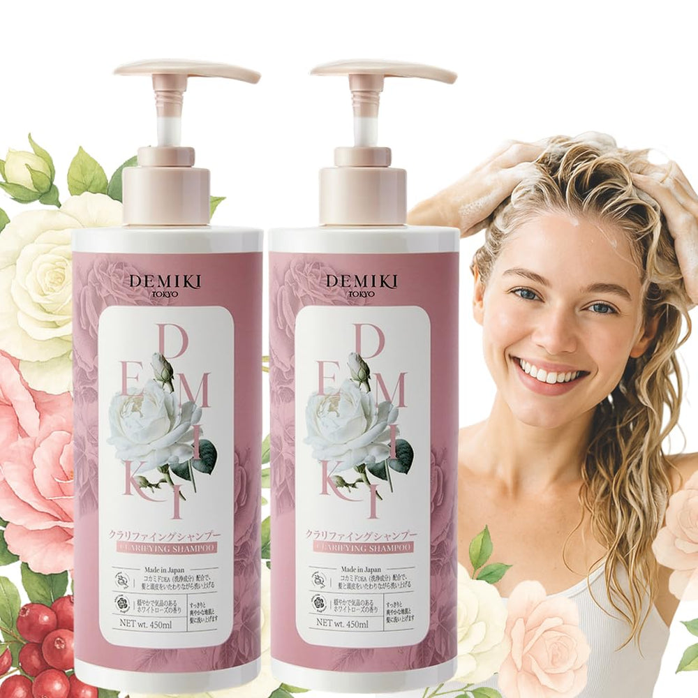 DEMIKI shampoo bottle with rose scent for refreshing daily cleansing.