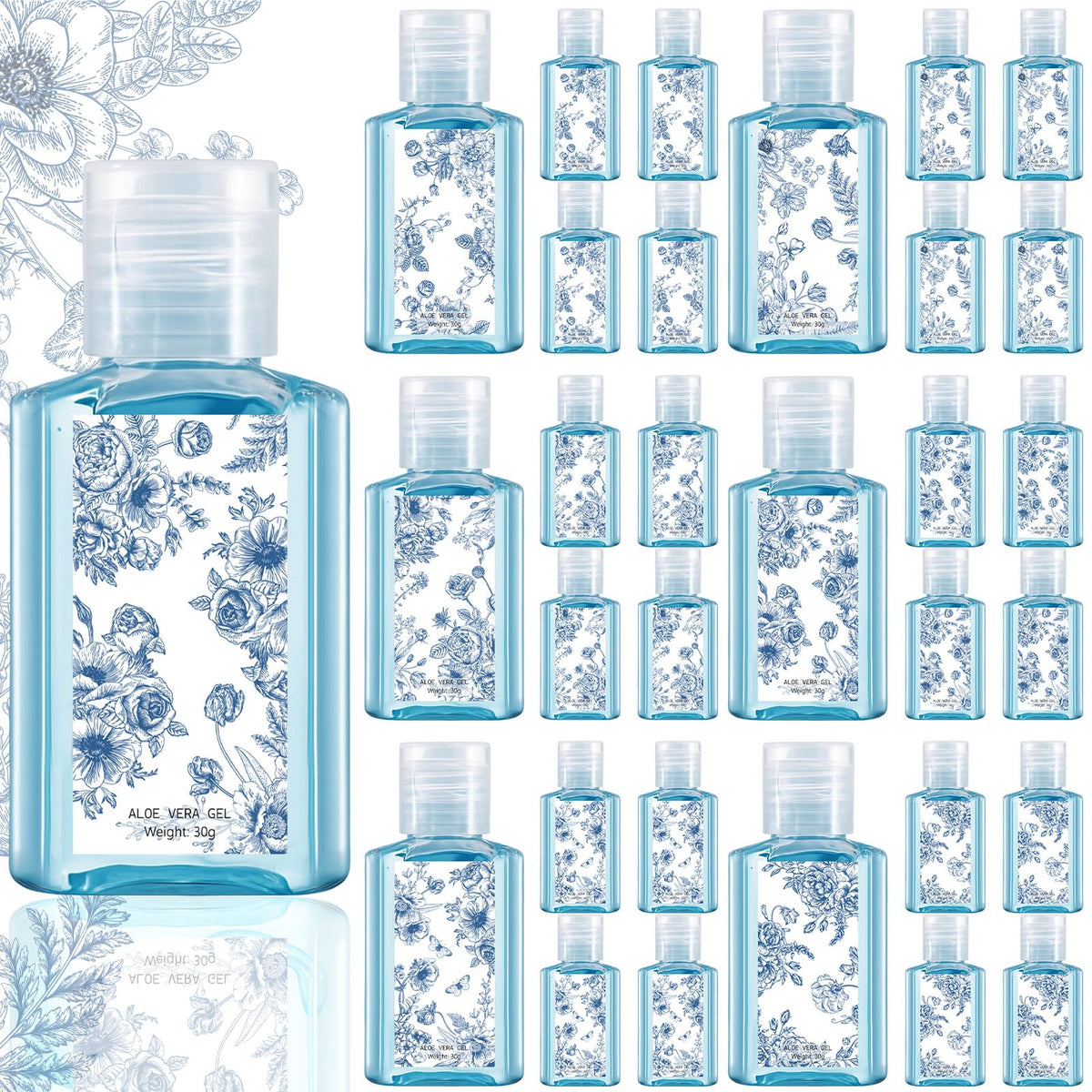 Demissle blue and white flower mini aloe vera gel bottle for wedding favors and guest hydration