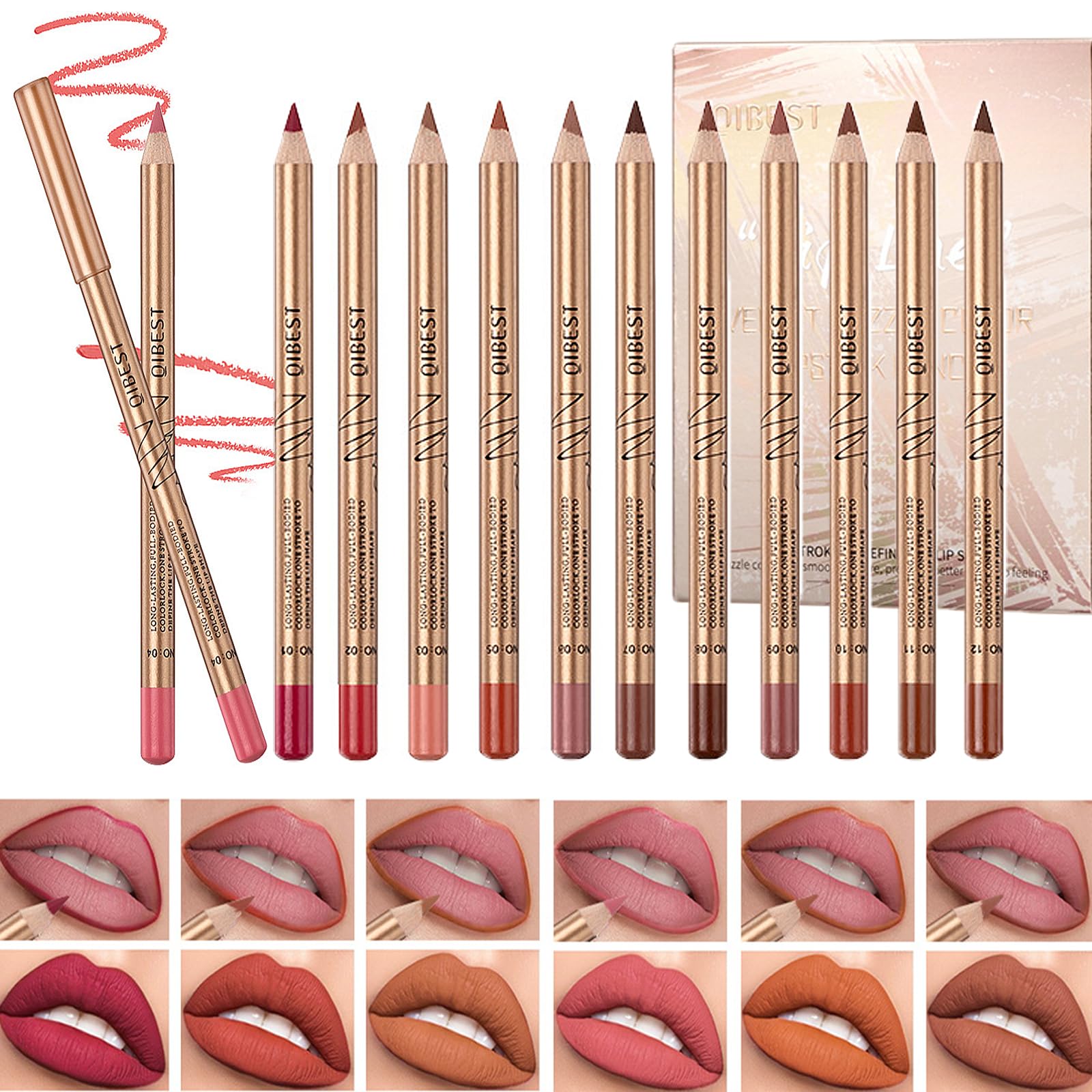 DENESTUP 12 colors lip liner set swatches show smooth, long-lasting pigment.