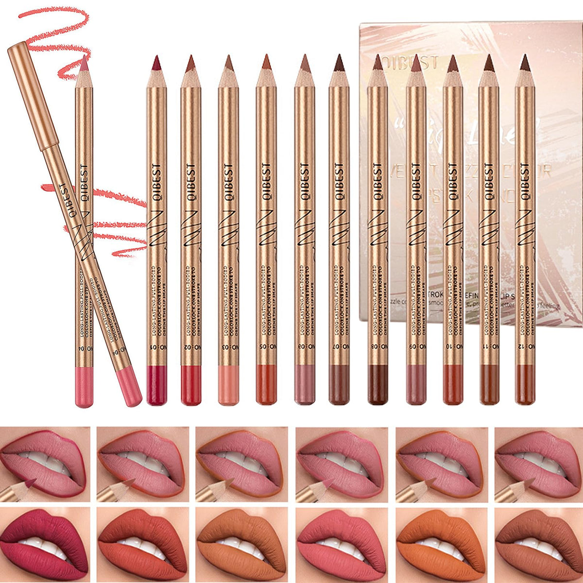 DENESTUP 12 colors lip liner set swatches show smooth, long-lasting pigment.