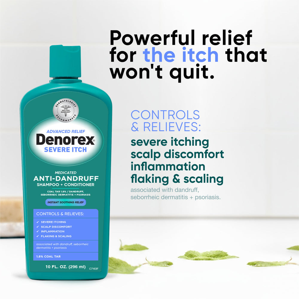 Denorex coal tar 1.8% label close-up indicating medicated formula