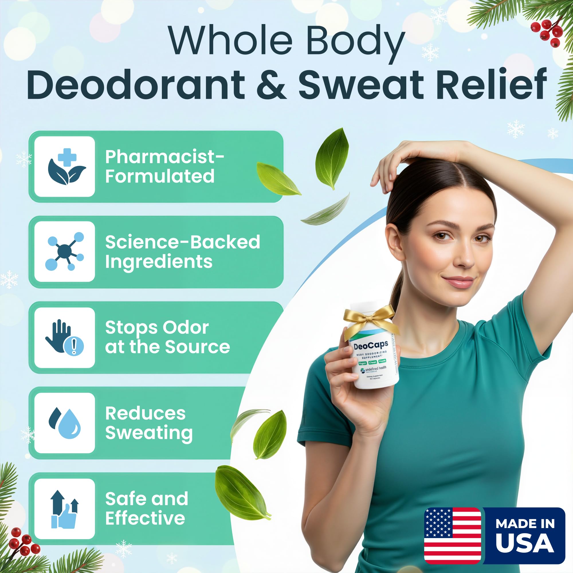 DeoCaps bottle pour image highlights ease of daily dosing and convenience