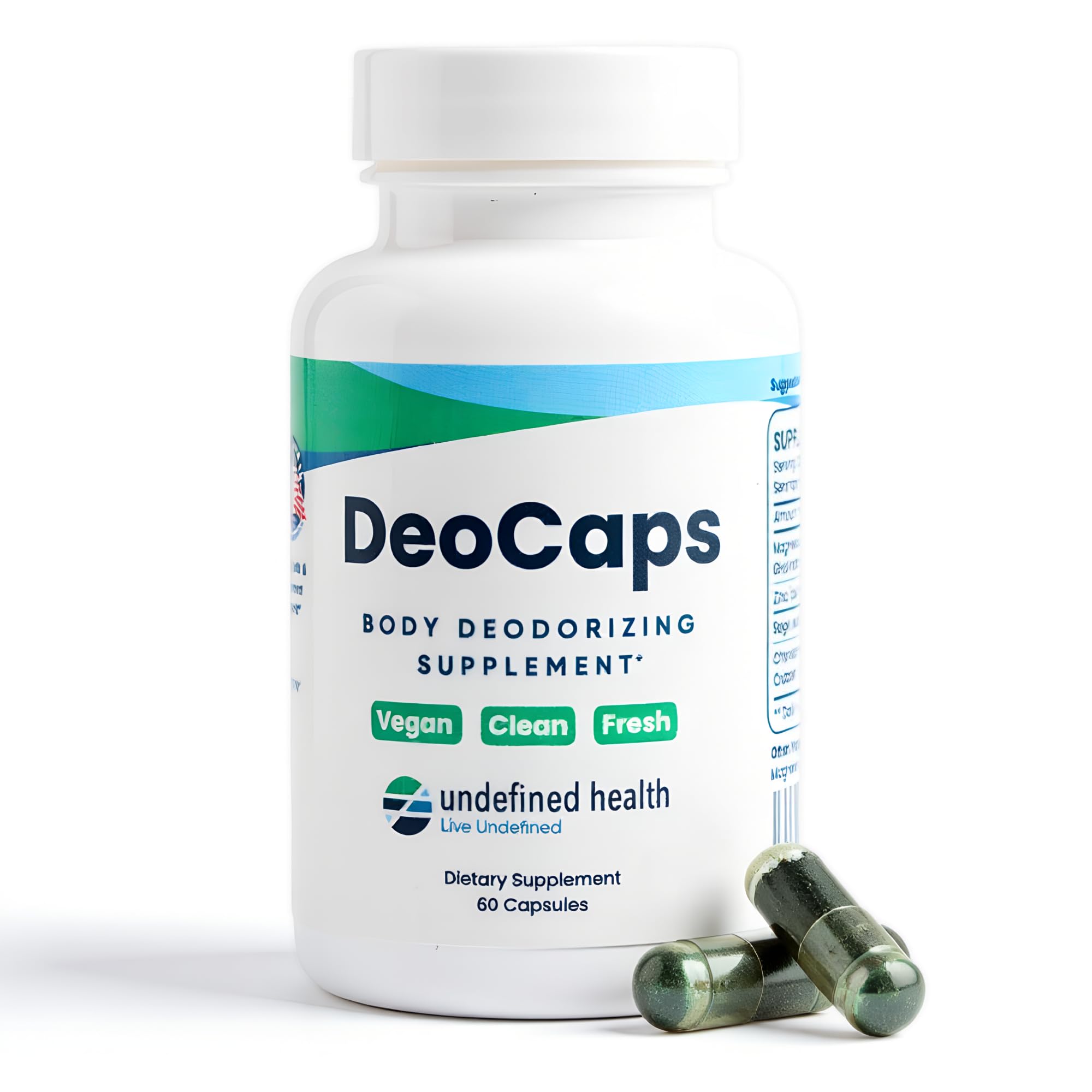 DeoCaps whole-body deodorant bottle close-up highlighting natural ingredients for odor control