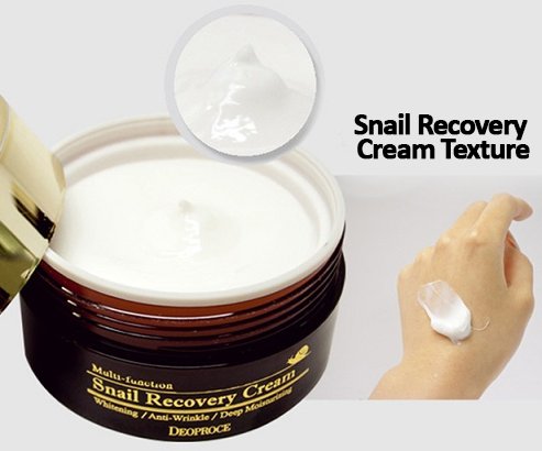 Deoproce Snail Recovery Cream being spread on hand for moisturized feel