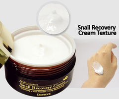 Deoproce Snail Recovery Cream being spread on hand for moisturized feel