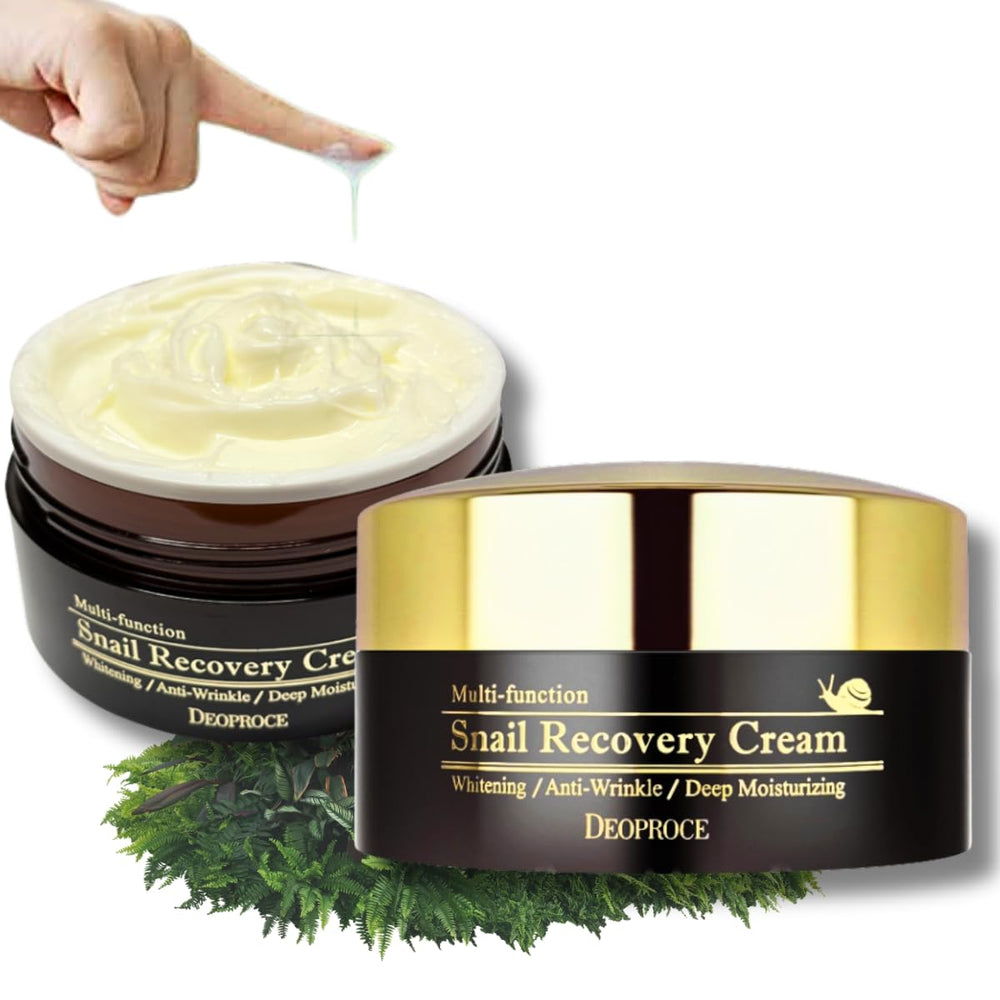 Deoproce Snail Recovery Cream jar close-up showing a premium daily moisturizer for hydration