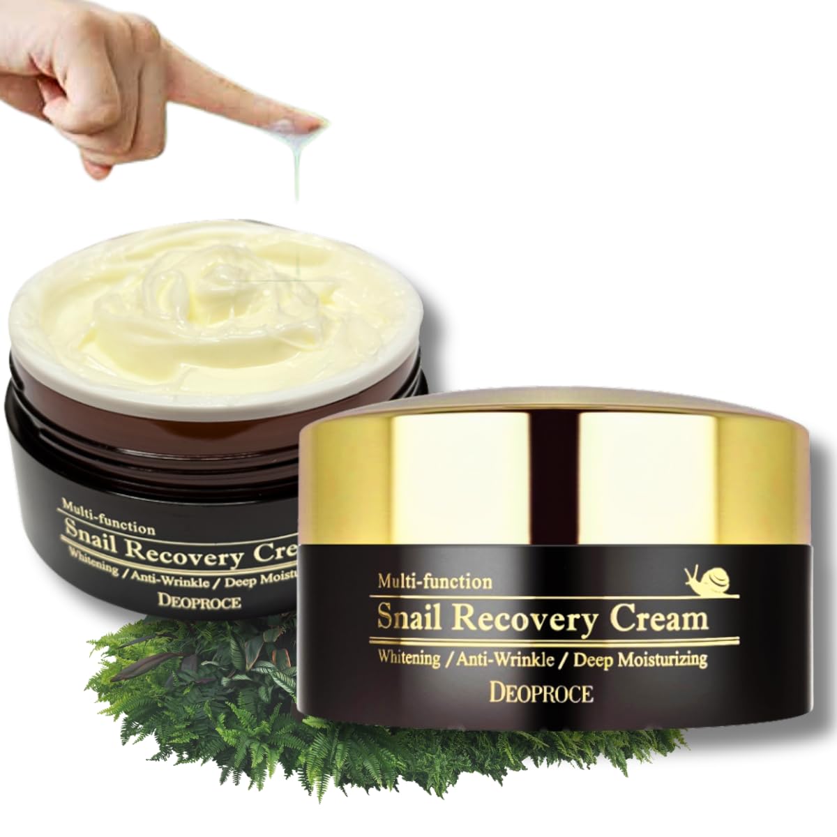 Deoproce Snail Recovery Cream jar close-up showing a premium daily moisturizer for hydration