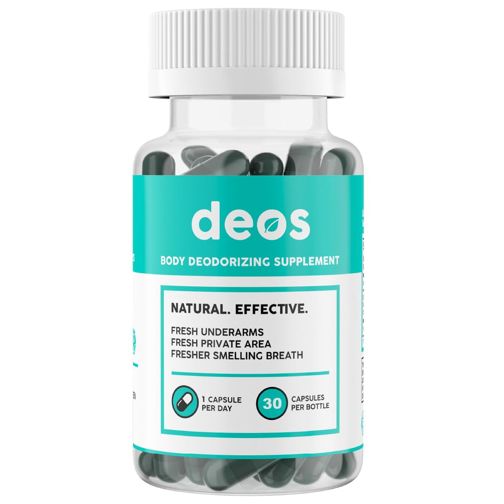 DEOS internal deodorant supplement bottle for daily odor control.