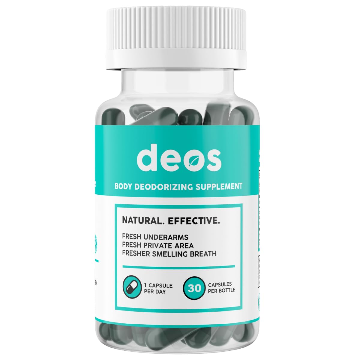 DEOS internal deodorant supplement bottle for daily odor control.