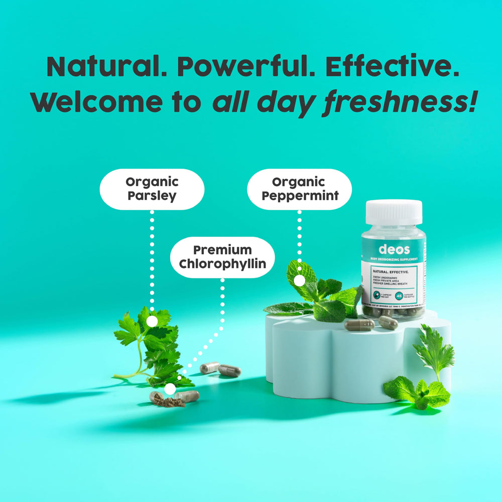 Parsley and peppermint ingredients visible on DEOS supplement packaging.