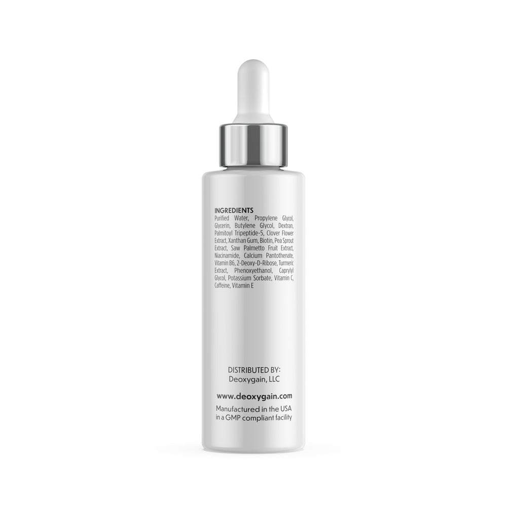 Deoxygain Hair Serum ingredients panel highlights active components for scalp health