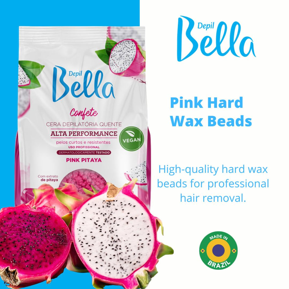 Depil Bella pink hard wax beads close-up shows smooth texture for effective removal.