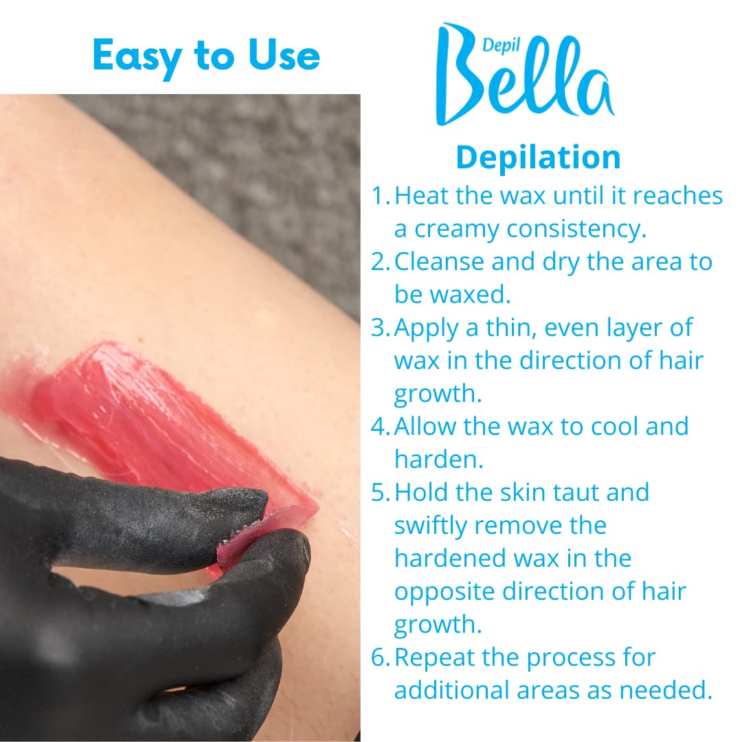 Depil Bella pink hard wax beads removal in one swift motion.