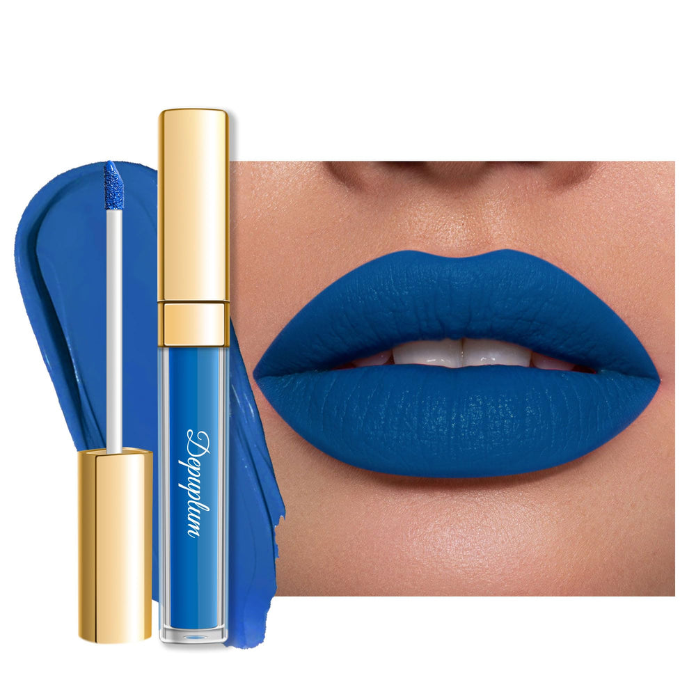 Depuplum Blue Lipstick Matte on lips for bold navy shade.