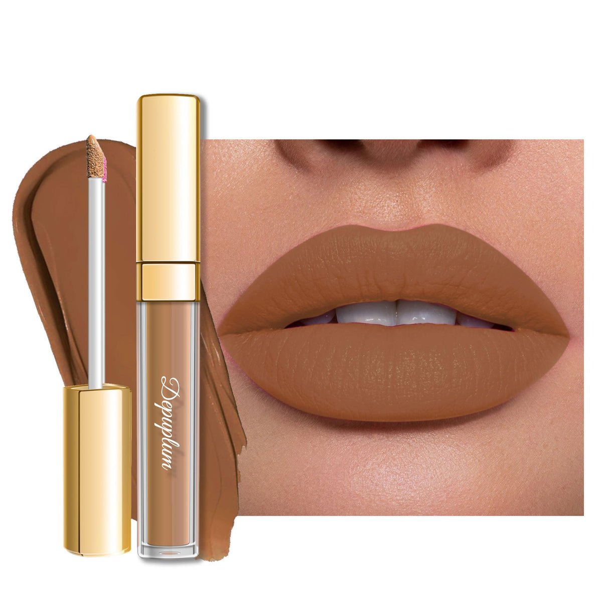 Depuplum Caramel Latte matte lipstick tube shows rich brown shade for daily wear.