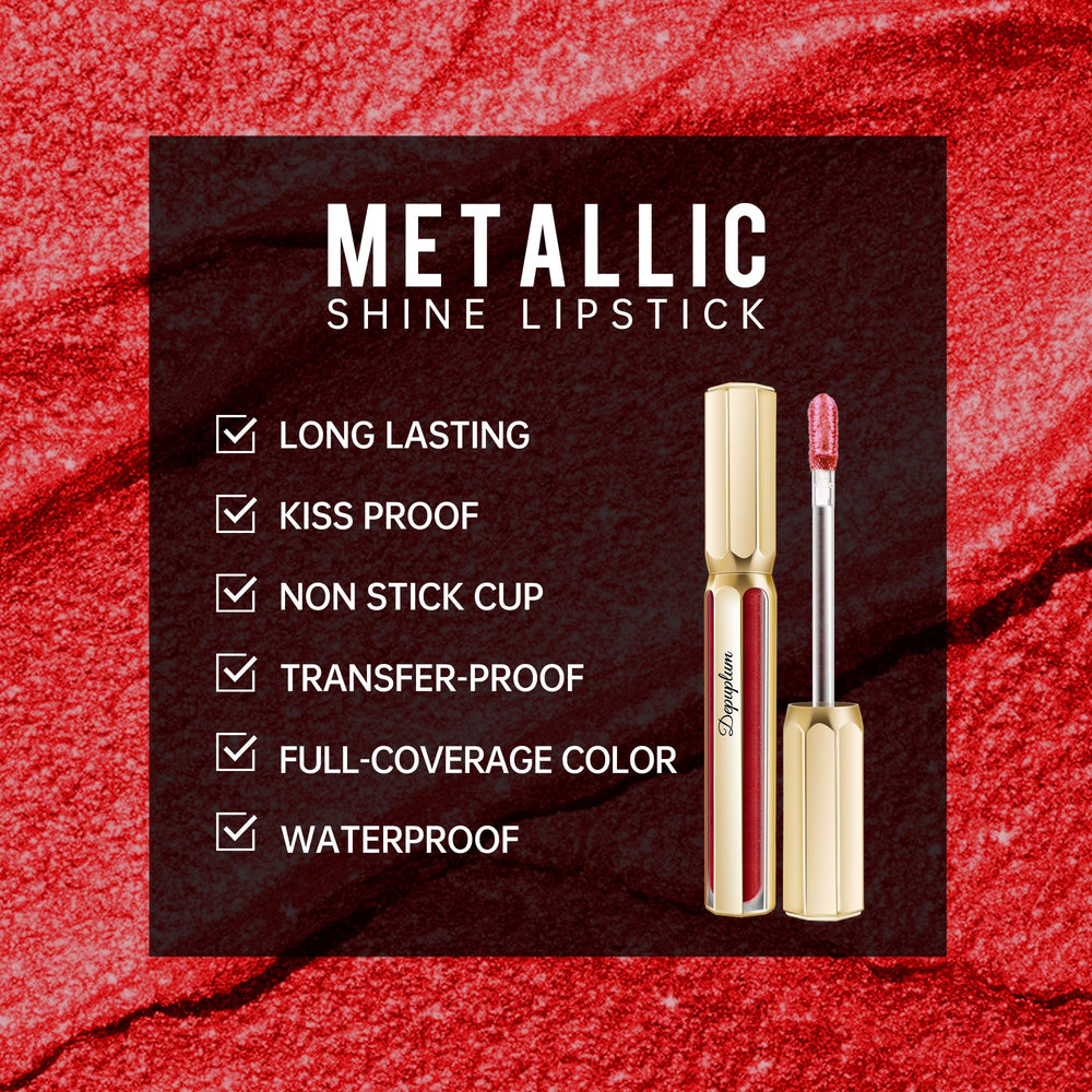 Depuplum DP104 Impassion lipstick on lips demonstrates long wear and metallic shine.