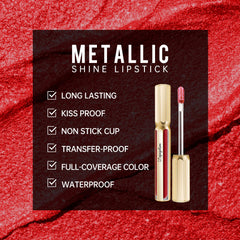 Depuplum DP104 Impassion lipstick on lips demonstrates long wear and metallic shine.