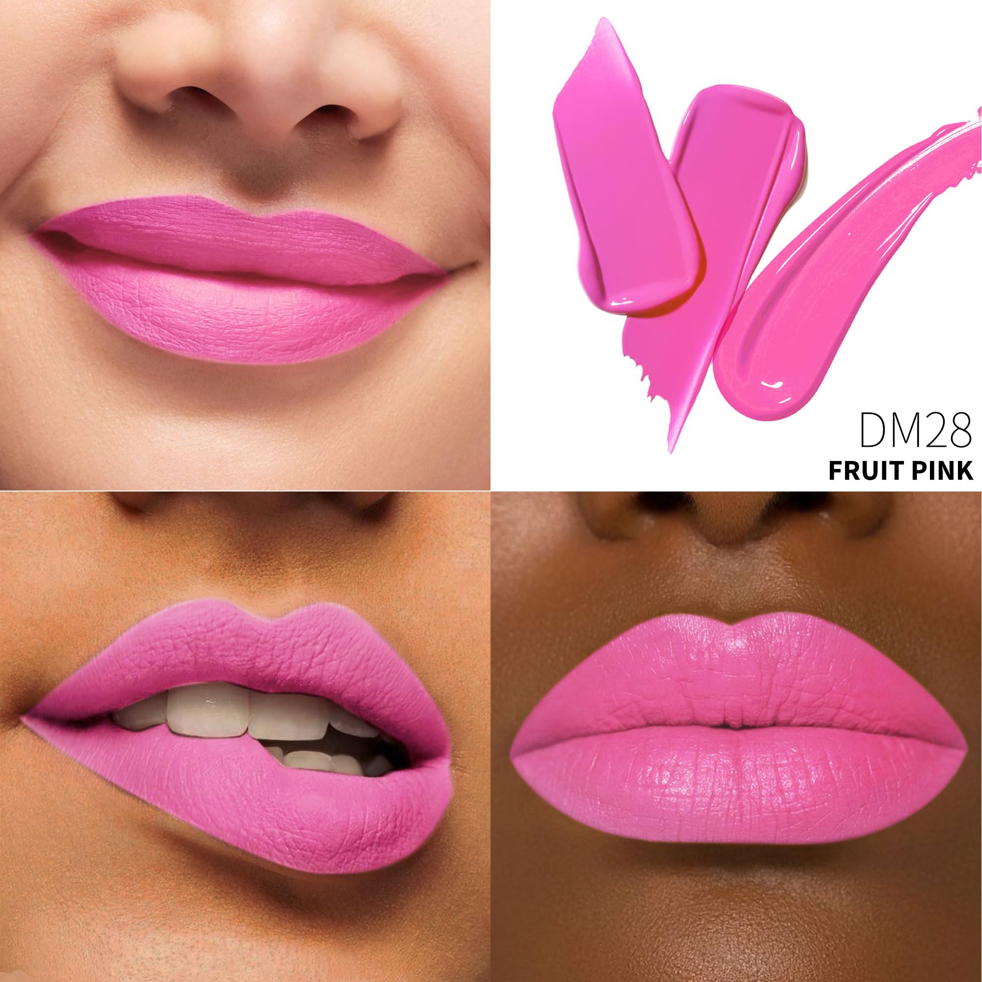 Depuplum Fruit Pink long-wear lipstick swatch on lips for all-day color