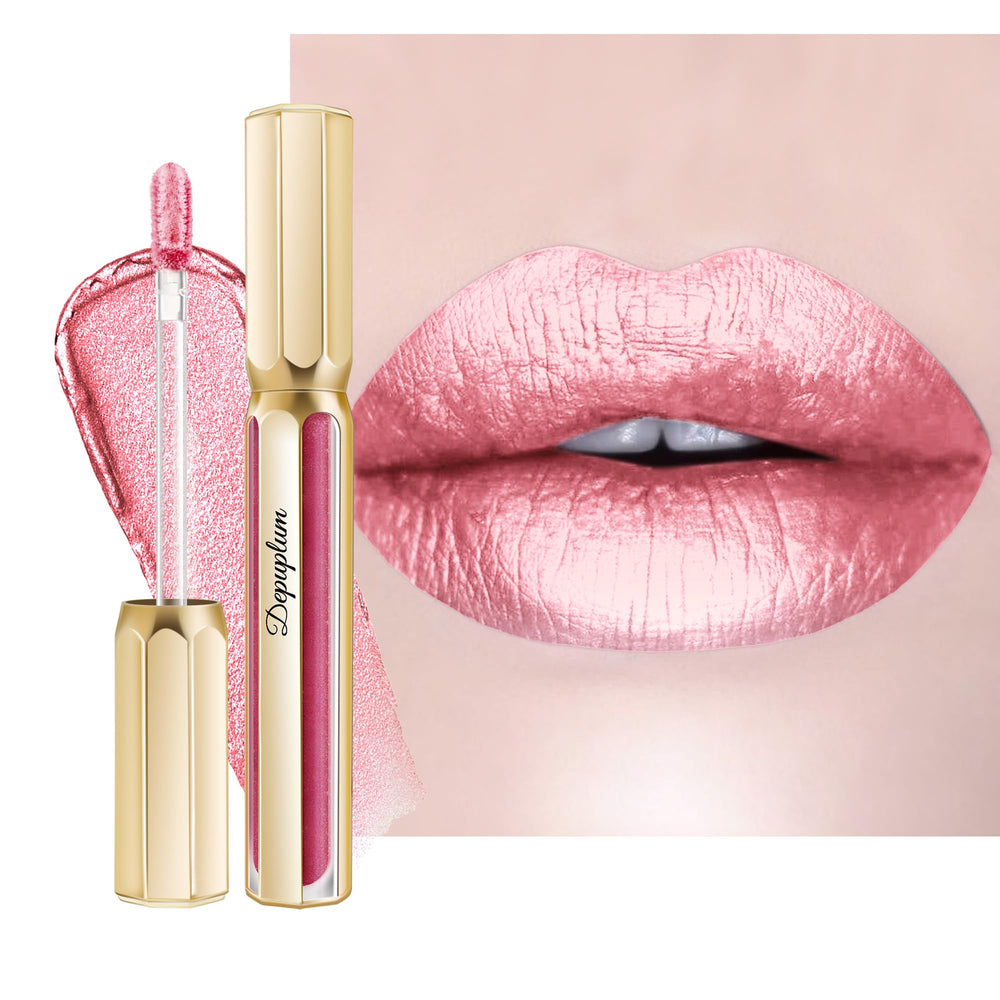 Depuplum light pink lipstick cap shot showing a luminous metallic finish for day wear