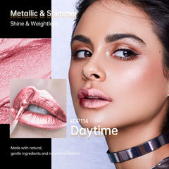 Depuplum light pink lipstick metallic glow close up highlights bold color payoff and smooth glide