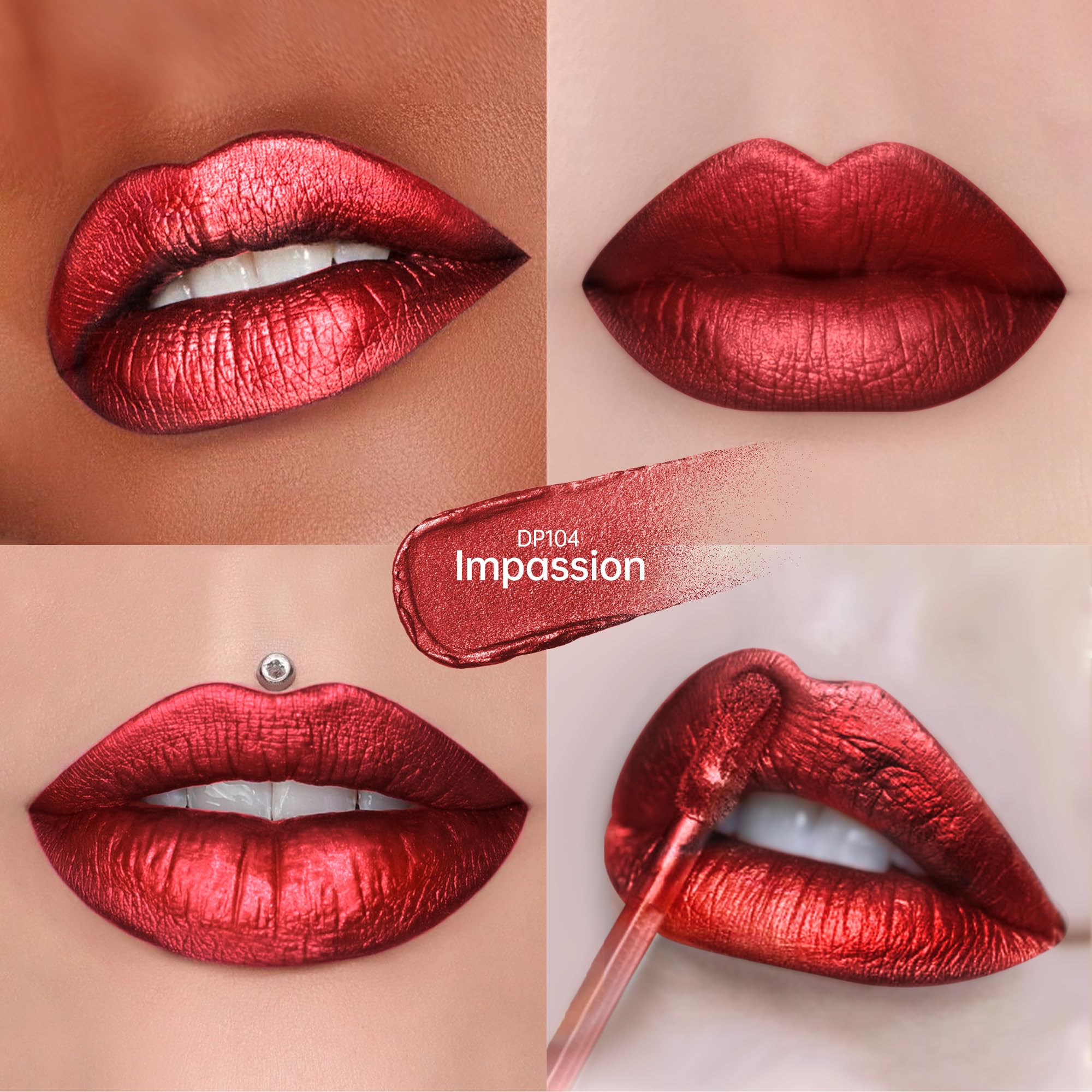 Depuplum DP104-107-108 lipstick swatch shows rich dark red pigmentation.