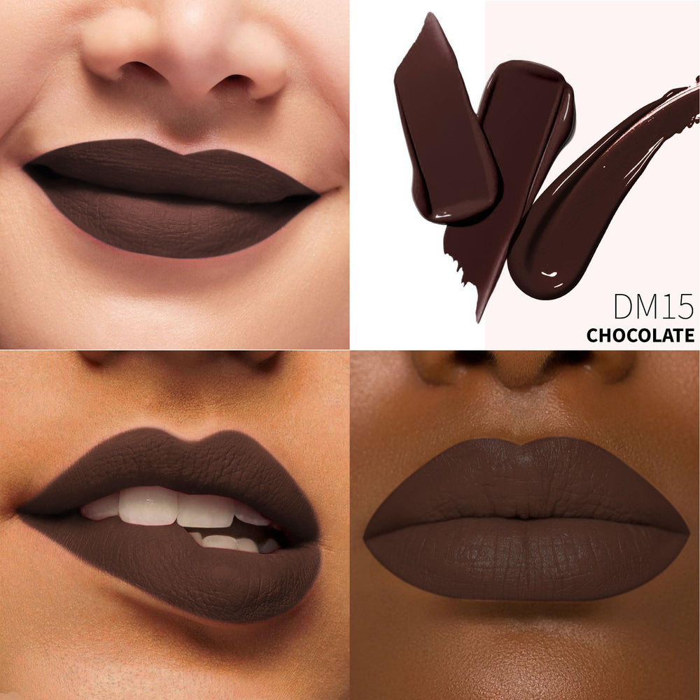 Depuplum DM15 dark brown matte lipstick application showing smooth lines.