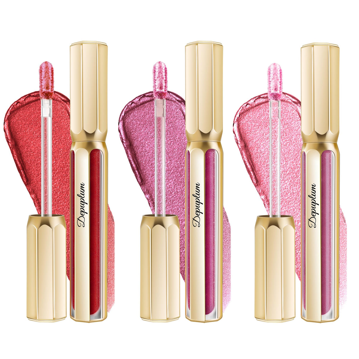 Depuplum metallic lipstick tubes show bold shimmer for evening looks.
