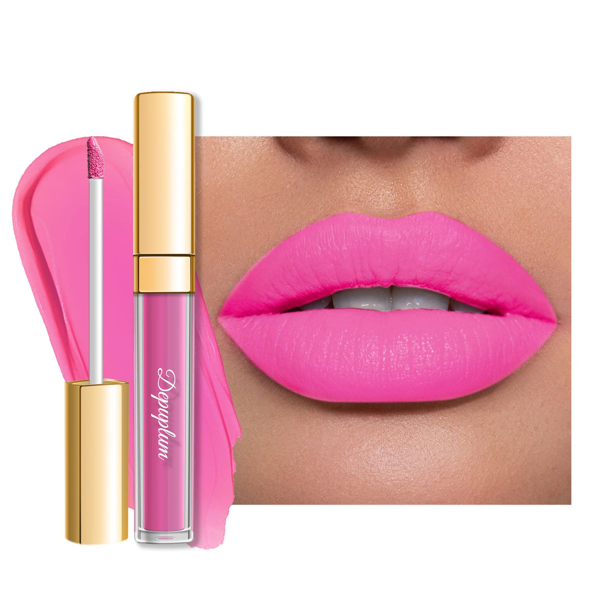 Depuplum Pink Lipstick Matte application close-up shows vivid pink color
