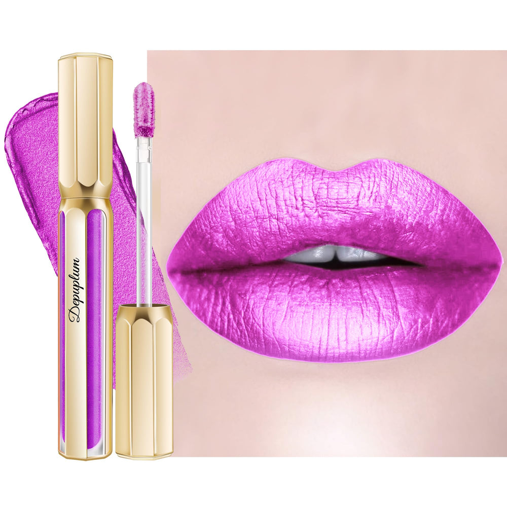 Depuplum DP102 Piggy purple metallic lipstick close-up for bold color and shine.