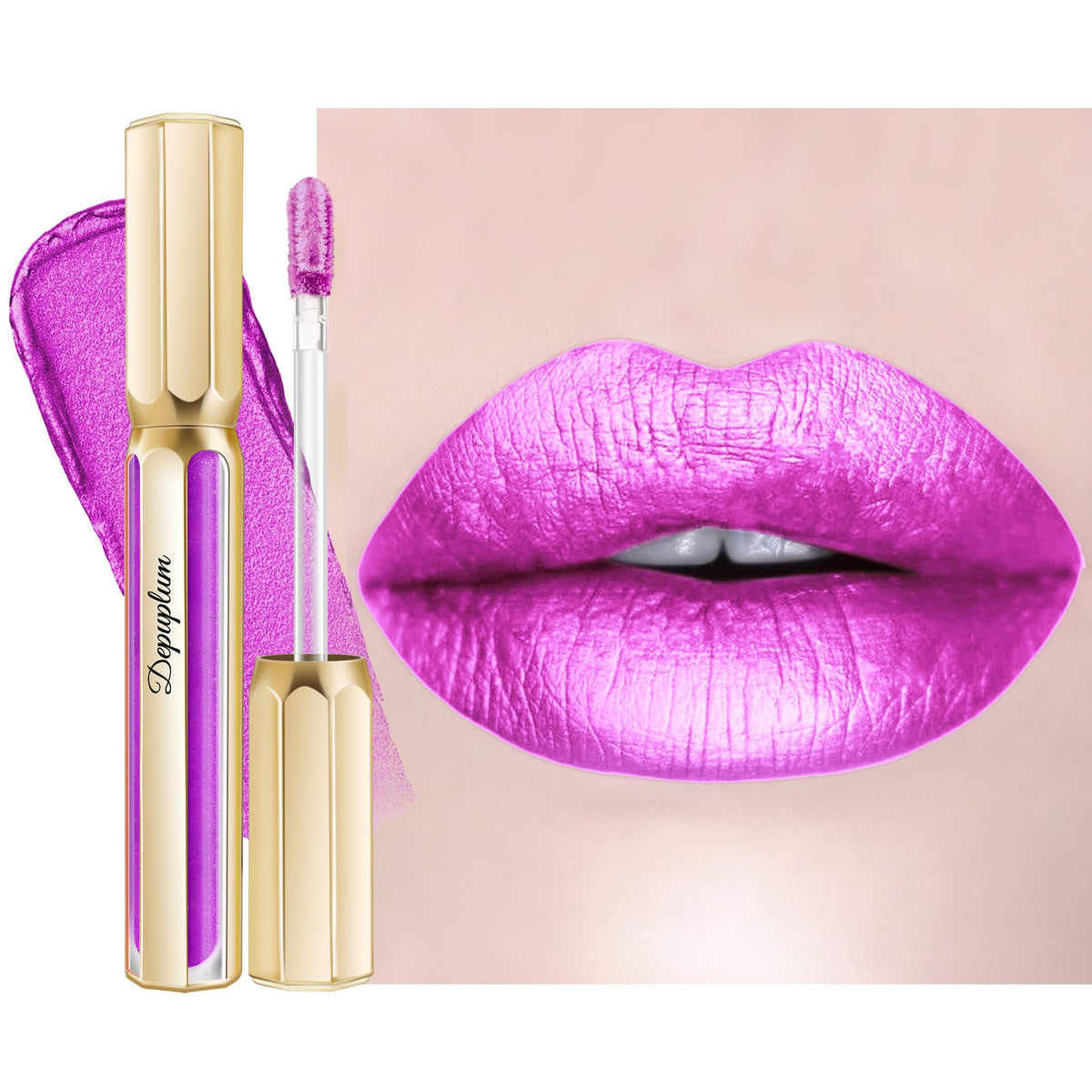 Depuplum DP102 Piggy purple metallic lipstick close-up for bold color and shine.
