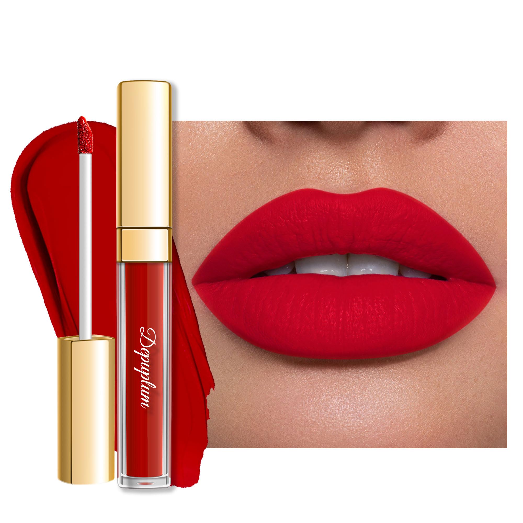 Depuplum Red Lipstick Matte packaging showcases cruelty-free design and bold color.
